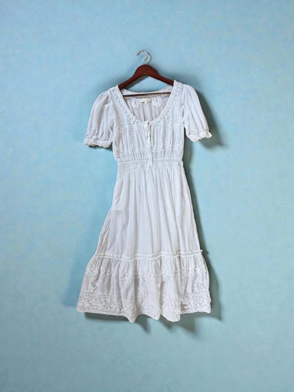 LoveShackFancy White Cotton Lace Embroidery Midi Dress Puff Sleeve Size Small